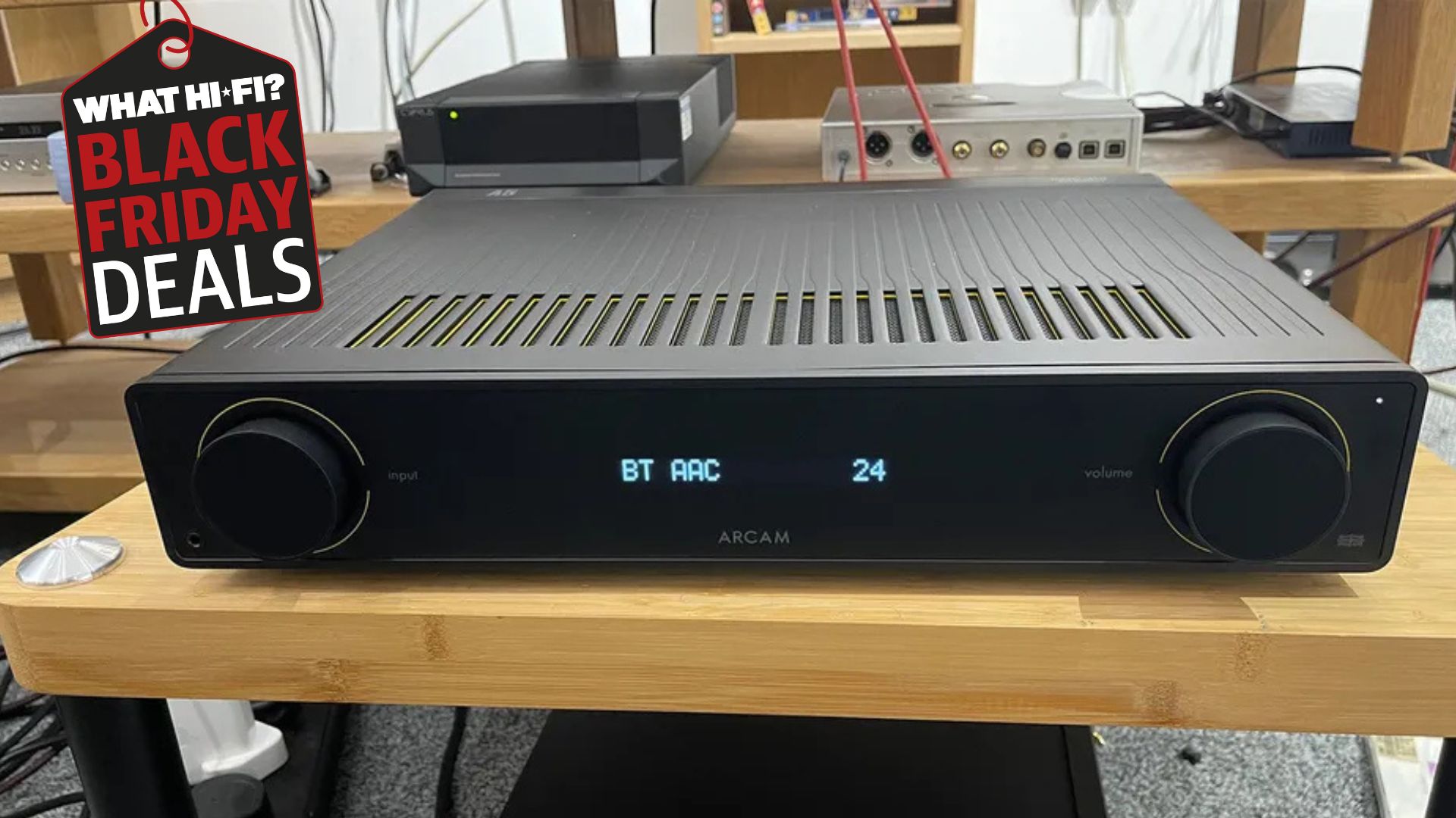 Arcam A5 amp in black with the WHF Black Friday logo