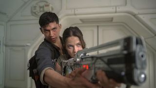 Archie Renaux and Cailee Spaeny in Alien: Romulus.