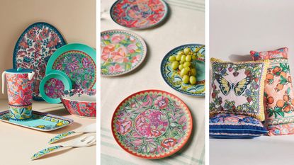 Vibrant, colorful, and multi-print Anthropologie x Alexandra Farmer collection including dinnerware, plates, and throw pillows