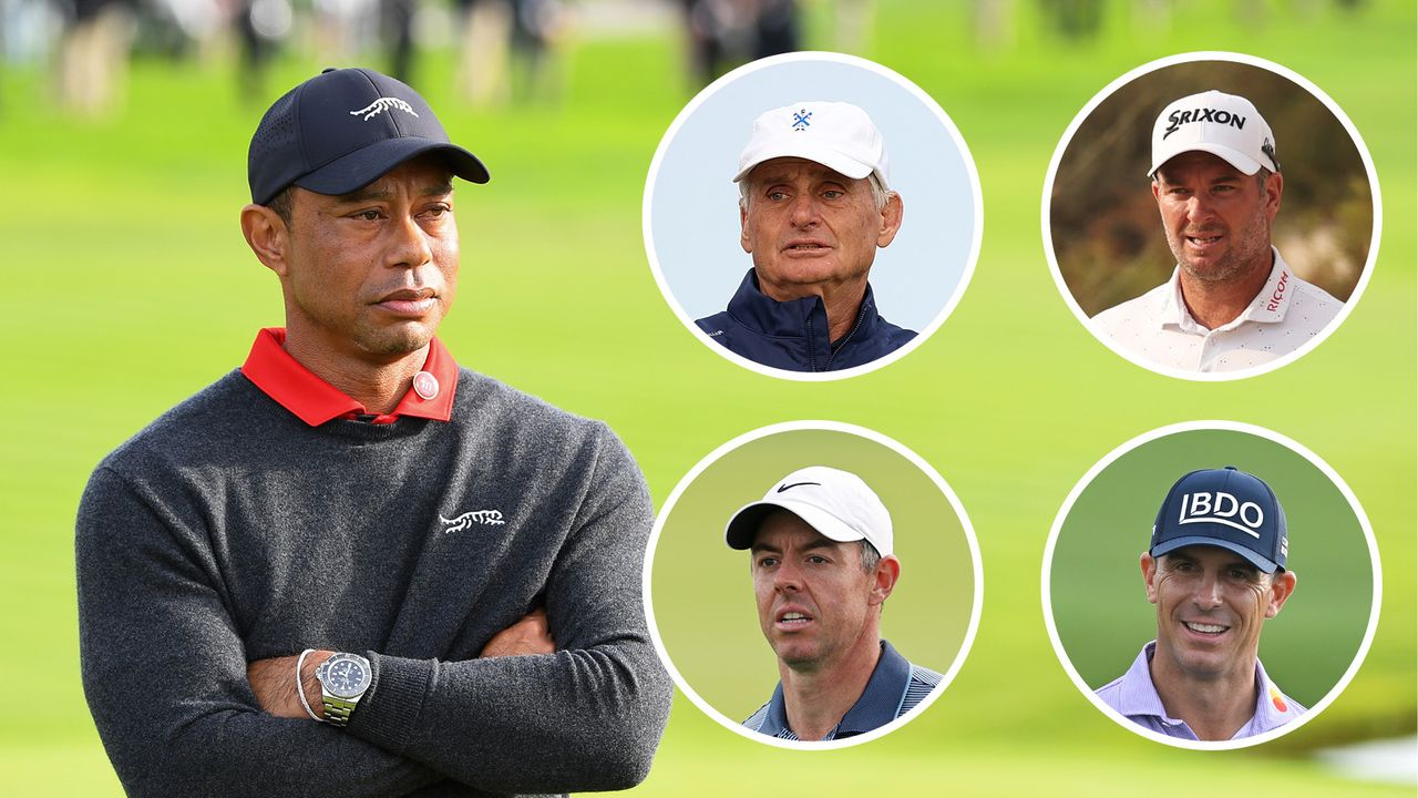 Tiger Woods stands with his arms crossed with four inset photos of Jimmy Dunne (top left), Ryan Fox (top right), Rory McIlroy (bottom left), and Billy Horschel (bottom right) all to Woods&#039; right