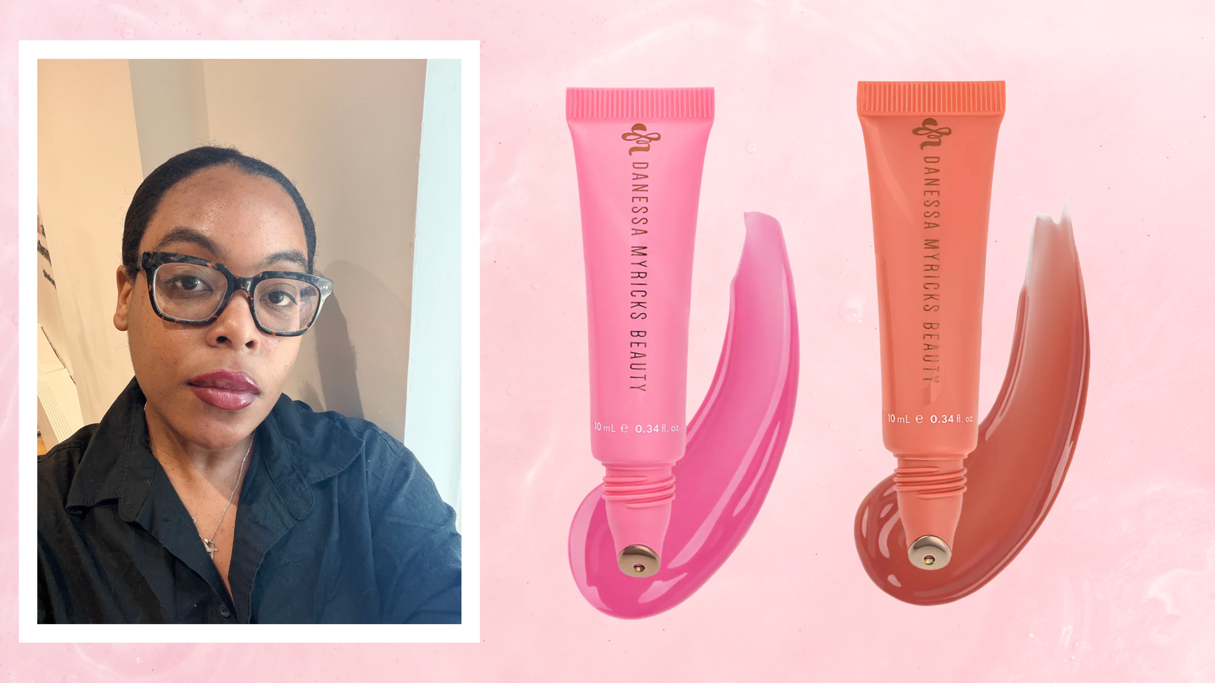 A woman wearing a black button up with pink glossy lips. She is next to 2 tubes of lip gloss. 