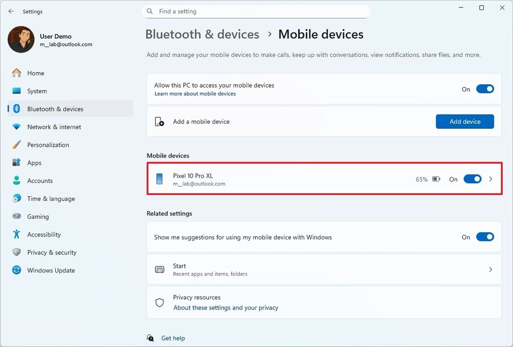 Settings app Mobile devices