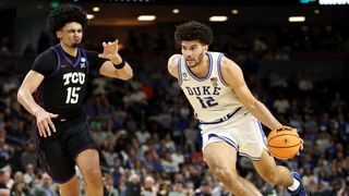 Cameron Boozer of the Duke Blue Devils driving to the basket at March Madness 2026