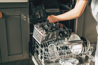 A person unloading a dishwasher.