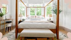 White bedroom with wooden four poster bed with dressing table to one side and storage ottoman at the end of the bed to show how to declutter a bedroom