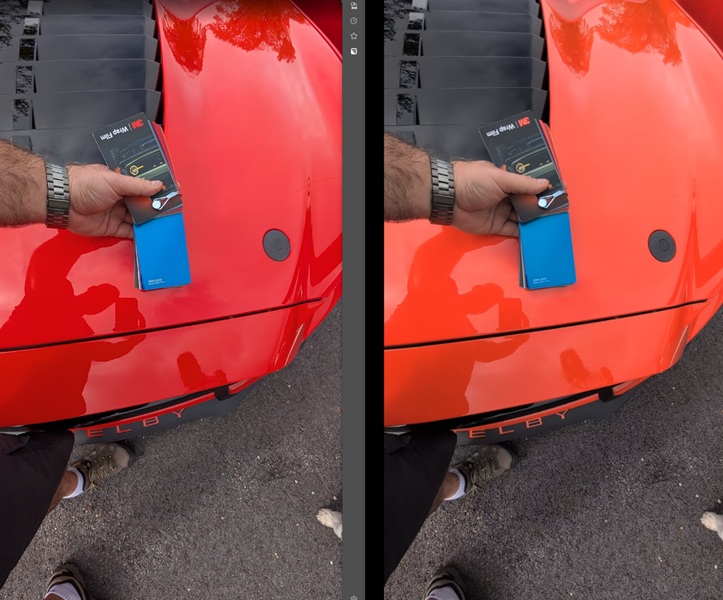 A Reddit user's photo of their orange Ford Mustang Shelby (orange) and the effects of Google's processing, turning it to an incorrect red hue.