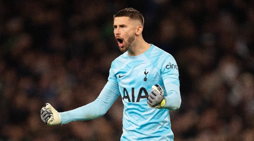 Guglielmo Vicario celebrates a Tottenham goal in December 2023.