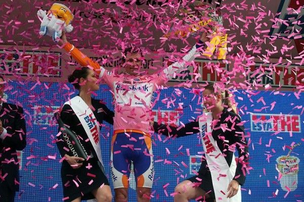 Race leader Denis Menchov (Rabobank) celebrates on the podium.