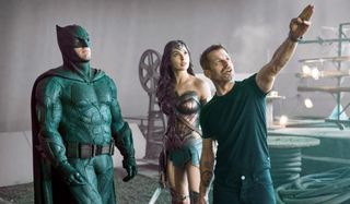 Zack Snyder, Ben Affleck as Batman and Gal Gadot as Wonder Woman on Justice League set