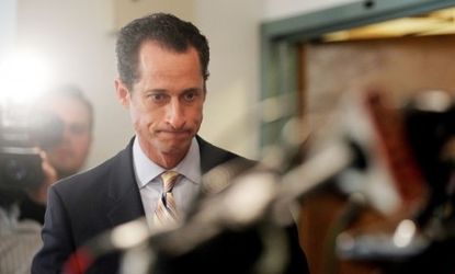 Anthony Weiner moments before announcing his resignation after a lewd photo scandal June 16, 2011: The Democrat, who still has $4.5 million in campaign funds, is hoping voters are ready to fo