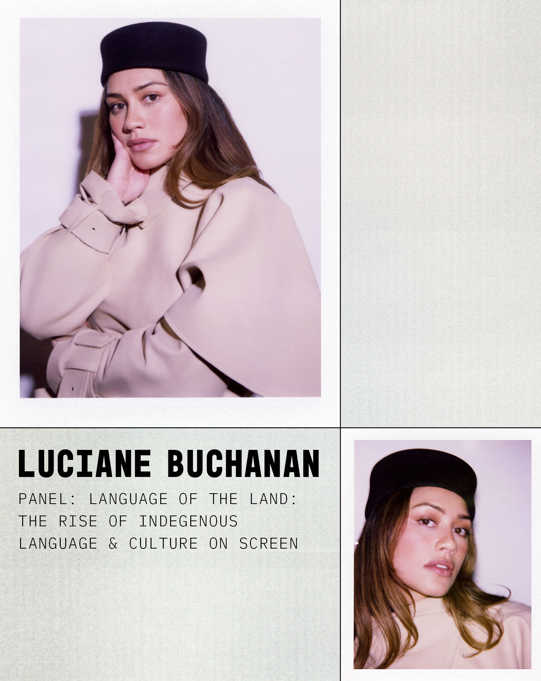 Polaroid portraits from theBest Knockoff Luxury Clothing
 and Free People Sundance Studio. Luciane Buchanan is photographed wearing a black pillbox hat and nude trench coat.