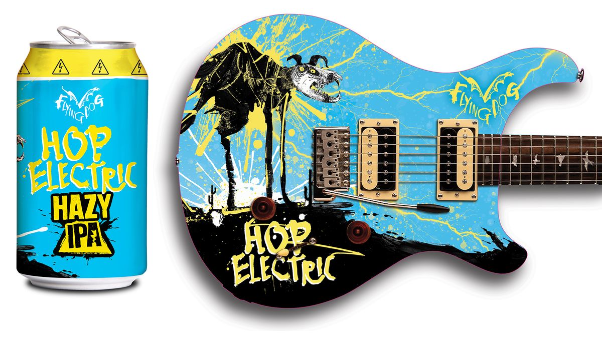 Flying Dog&#039;s new Hop Electric IPA (left) and a new, custom PRS SE Custom 24 inspired by the design of the Hop Electric&#039;s can