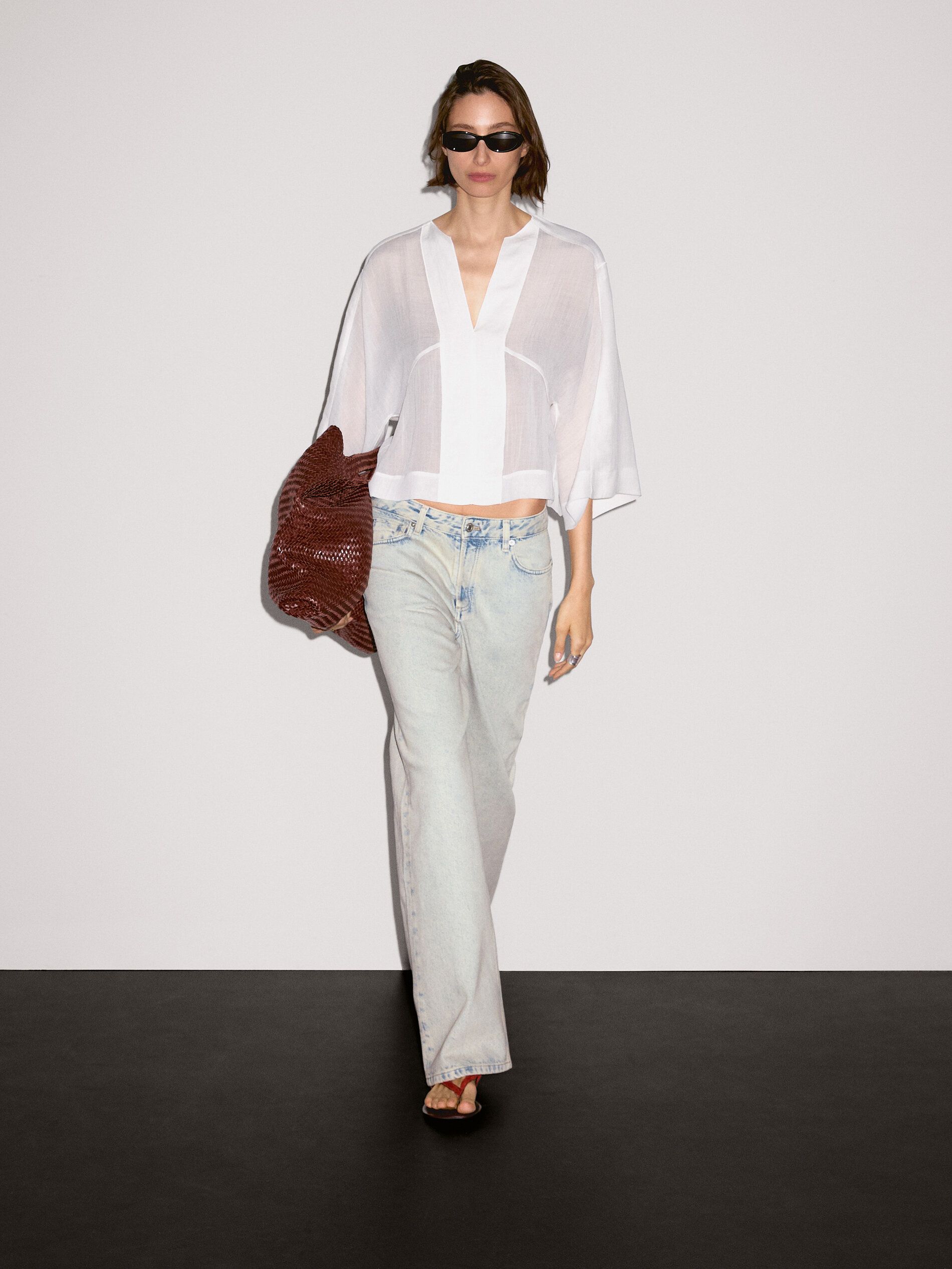 Flowing Linen Blend Blouse With Seam Details