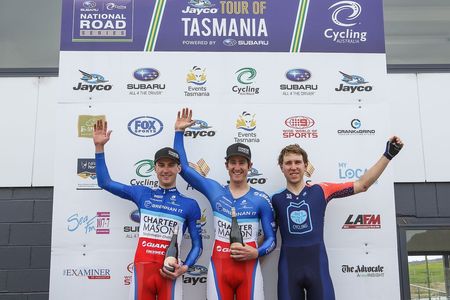 Sam Chrome, Ben Hill (CharterMason) and Brad Evans (Pat&rsquo;s Veg Cycling) make up the prologue podium