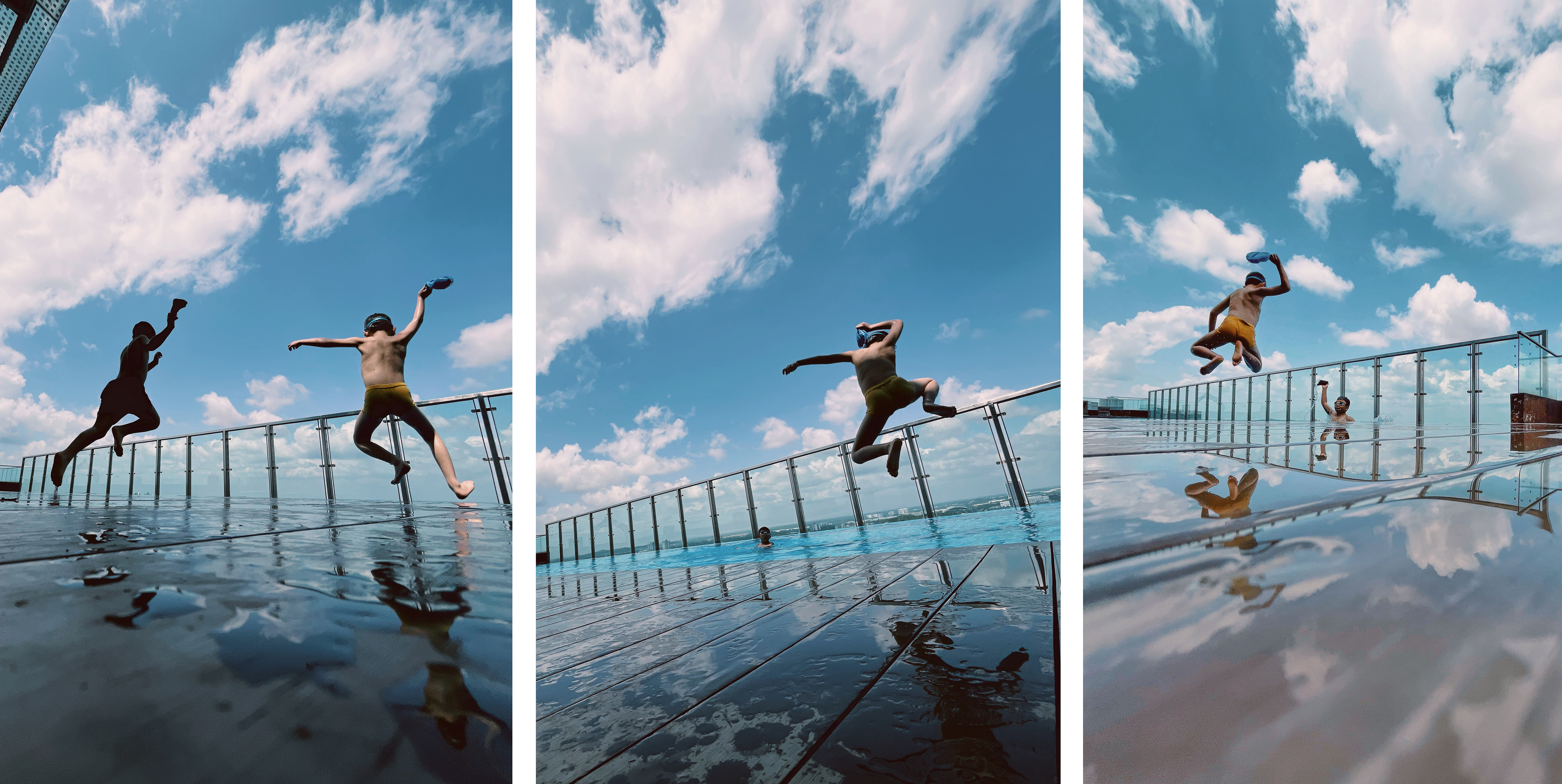 Children jumping in the air on the side of a swimming pool