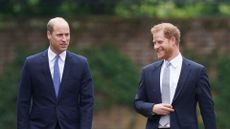 rince William, Duke of Cambridge and Prince Harry, Duke of Sussex arrive for the unveiling of a statue they commissioned of their mother Diana, Princess of Wales, in the Sunken Garden at Kensington Palace, on what would have been her 60th birthday on July 1, 2021 in London, England.