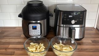 An Instant Pot Duo Crisp & Air Fryer with an Instant Vortex Plus air fryer on a kitchen counterytop and bowl of potato ready to be air fried into fries
