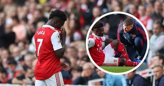 Arsenal star Bukayo Saka leaves the pitch following an injury during the Premier League match between Arsenal FC and Nottingham Forest at Emirates Stadium on October 30, 2022 in London, England.