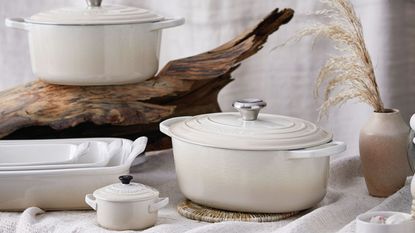 Le Creuset miringue colour cookware neutrally styled with pampas grass