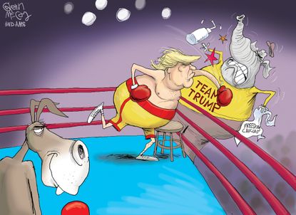 Political Cartoon U.S. President Trump fight Republicans freedom caucus Democrats