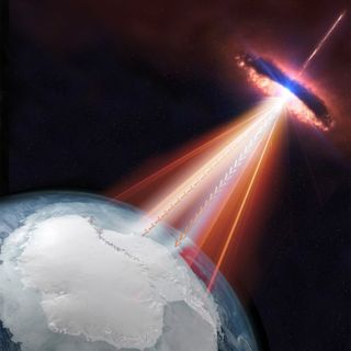 A crazy disk blasts rays toward Earth in a widening cone