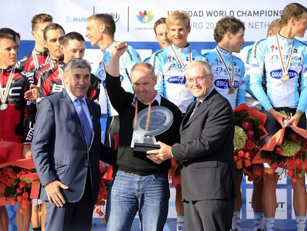 Tom Steels (OmegaPharma - QuickStep) with Eddy Merckx and Pat McQuaid