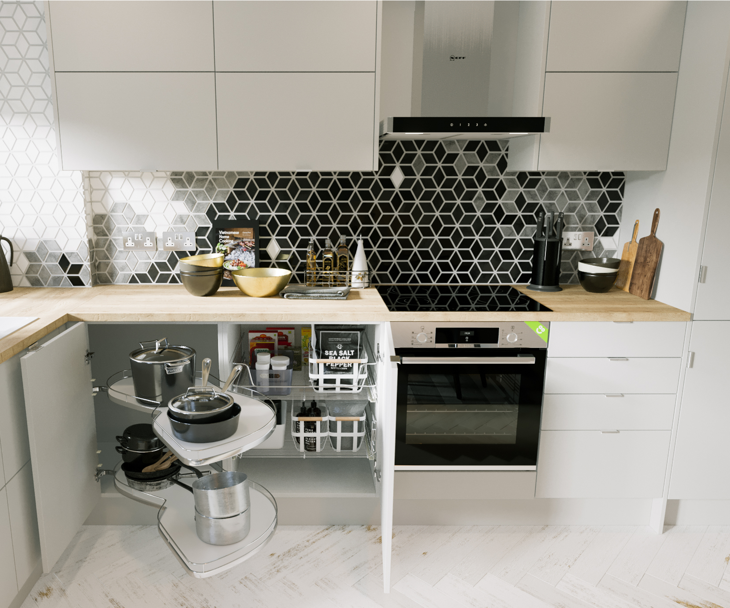 kitchen with cabinet door pulled open to show corner storage unit inside