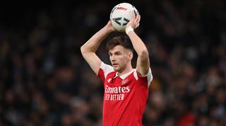 Newcastle-linked Arsenal defender Kieran Tierney prepares to take a throw-in during the FA Cup fourth round match between Manchester City and Arsenal at the Etihad Stadium on 27 January, 2023 in Manchester, United Kingdom.