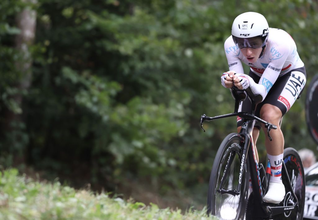 Team UAE Emirates rider Slovenias Tadej Pogacar wearing the best youngs white jersey rides during the 20th stage of the 107th edition of the Tour de France cycling race a time trial of 36 km between Lure and La Planche des Belles Filles on September 19 2020 Photo by KENZO TRIBOUILLARD AFP Photo by KENZO TRIBOUILLARDAFP via Getty Images