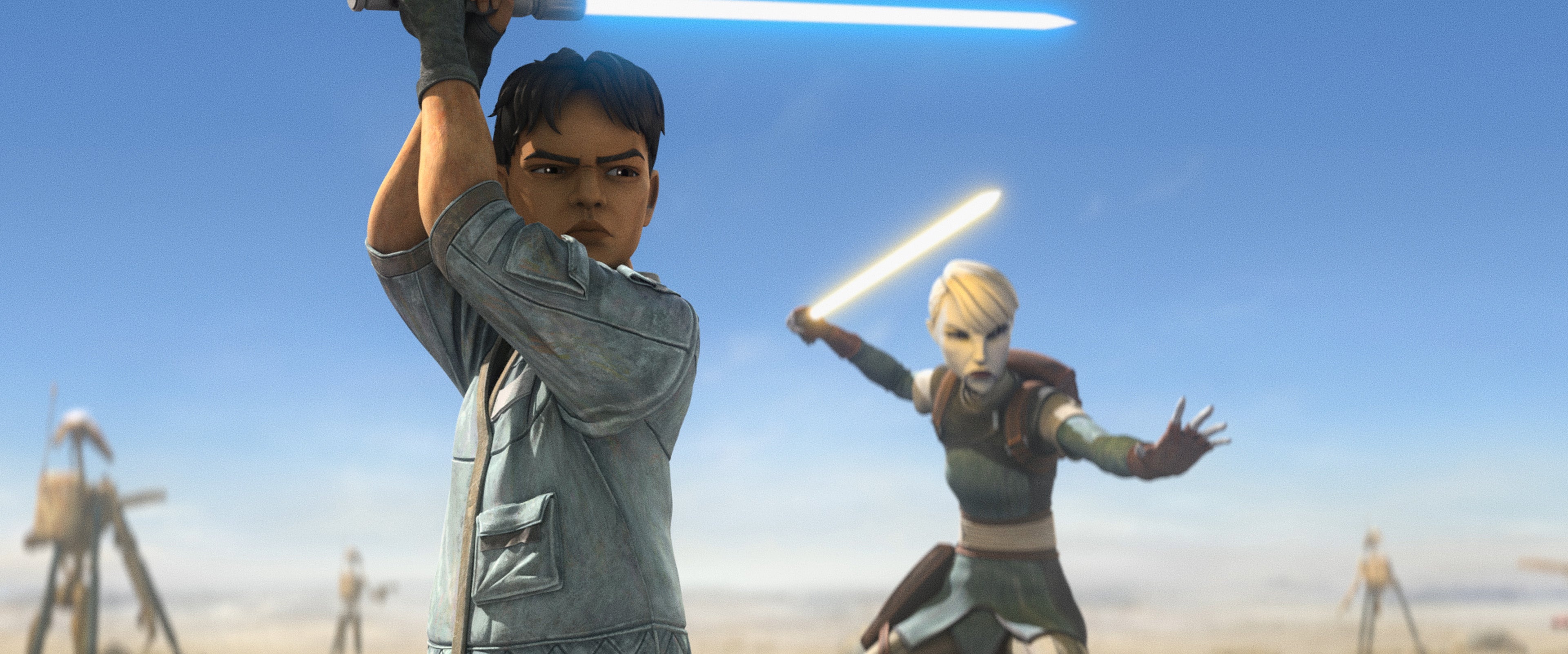 a young boy and an alien female wielding lightsabers