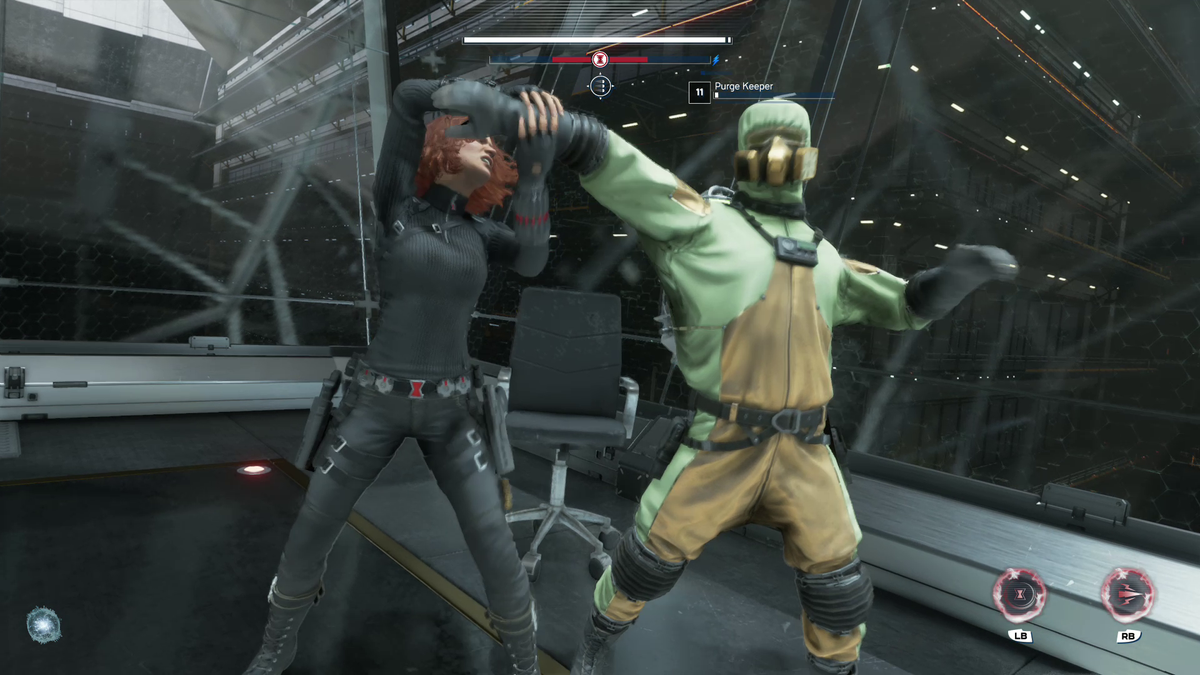 An image from the video game Marvel&#039;s Avengers. The superhero Black Window is breaking an AIM Agent&#039;s arm.