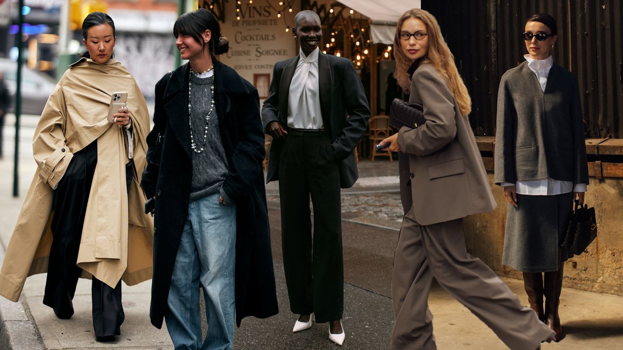 A Future graphic of five women wearing winter outfits featuring a tan trench coat, gray sweater, black coat, black suit, brown suit, gray skirt, white top, and gray blazer