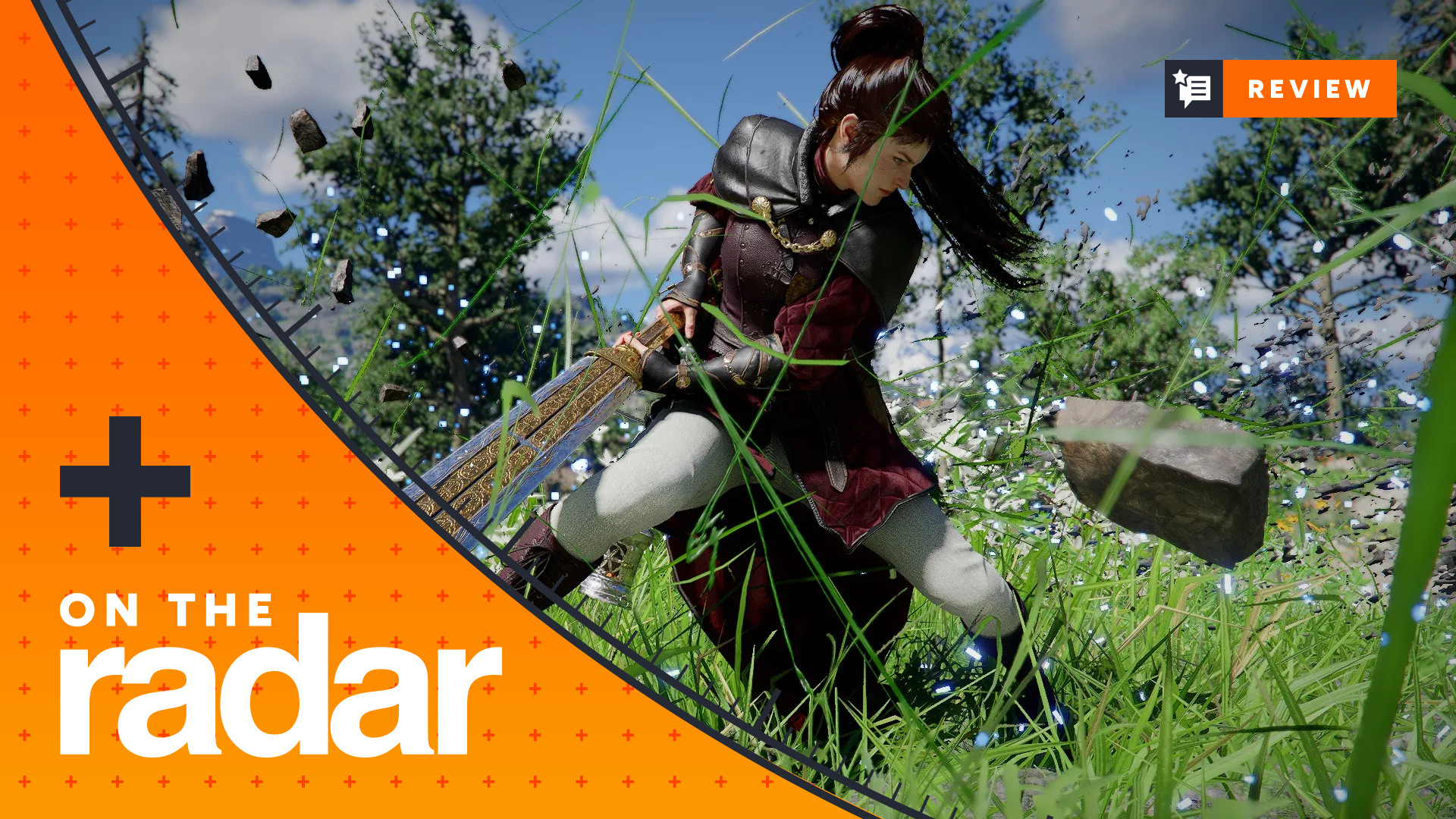 A woman uses a huge sword to slash through a green field in Crimson Desert, with the orange GamesRadar On The Radar frame