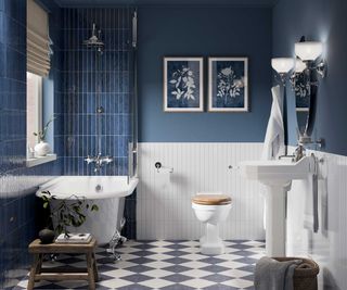 blue bathroom with traditional sanitaryware and black and white chequerboard floor