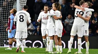 Manchester United players celebrate after their win at Burnley in the Premier League in September 2023.