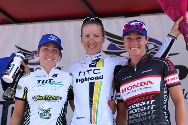 Chloe Hosking, Judith Arndt (both HTC-HighRoad) and Rochelle Gilmore (Honda) on the podium.