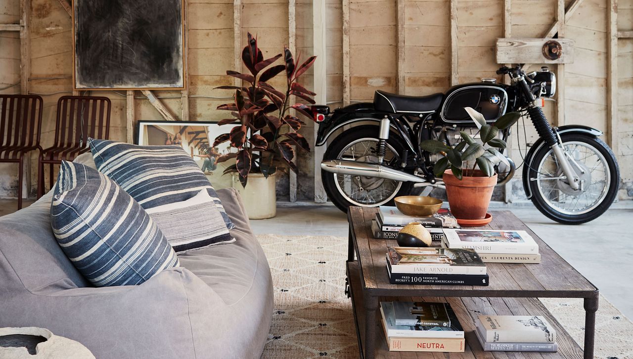 a flex room garage with a motorbike