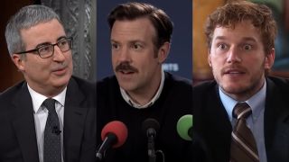 From left to right: John Oliver looking to his right while talking on The Late Show with Stephen Colbert, Jason Sudeikis as Ted Lasso talking into three mics and Chris Pratt as Andy Dwyer looking shocked on Parks and Rec.