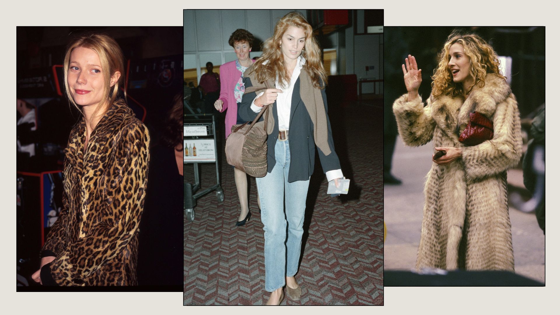 An image of some of the most iconic 90s winter outfits, as seen on Gwyneth Paltrow, Cindy Crawford and Sarah Jessica Parker.