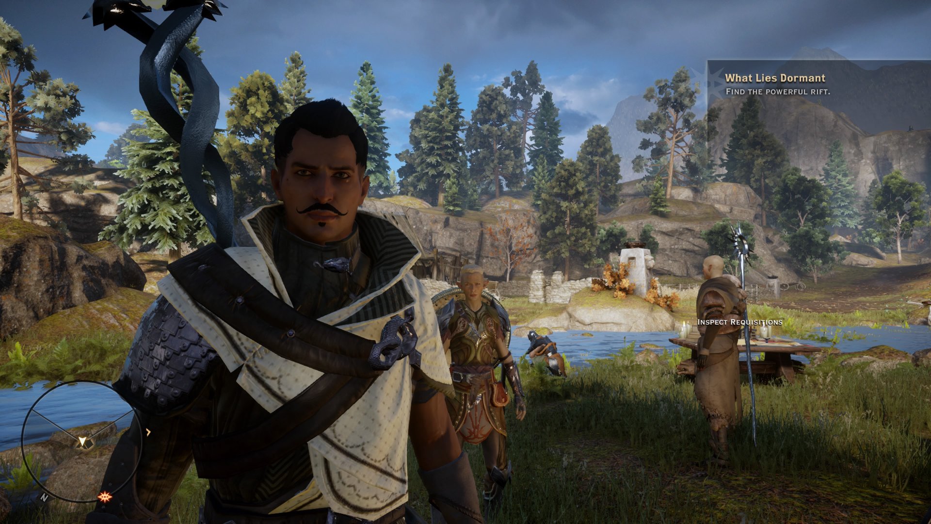 Dragon Age: Inquisition screenshot showing companions Dorian Pavus and Solas accompanying a male elf inquisitor in the Hinterlands
