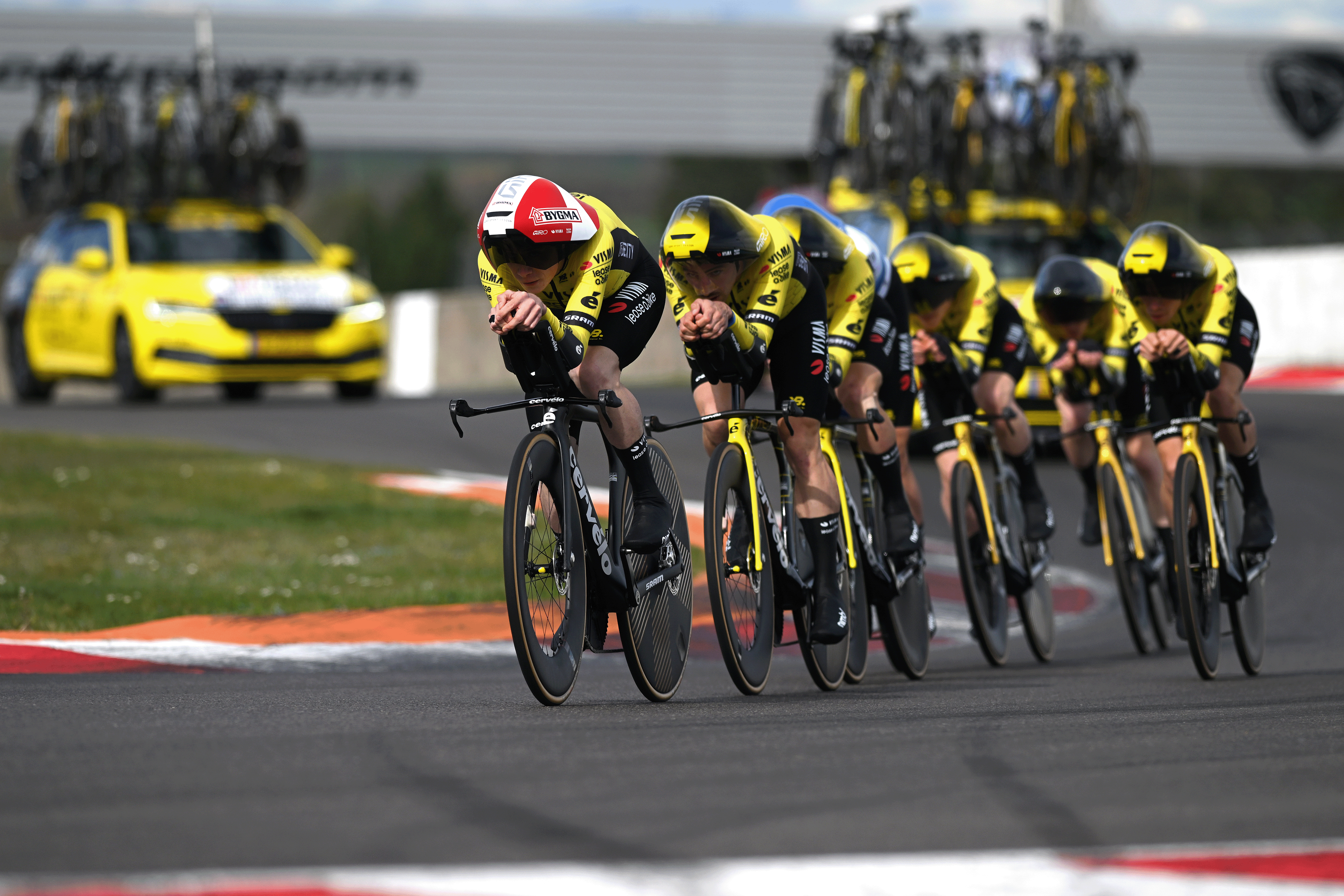 COULANGES-LES-NEVERS, FRANCE - MARCH 11: Matteo Jorgenson of The United States, Edoardo Affini of Italy, Victor Campenaerts of Belgium, Per Strand Hagenes of Norway, Bart Lemmen of The Netherlands, Jonas Vingegaard of Denmark, Axel Zingle of France and Team Visma | Lease A Bike compete during the 83rd Paris - Nice 2025, Stage 3 a 28.4km team time trial stage from Circuit Nevers Magny-Cours to Nevers / #UCIWT / on March 11, 2025 in Coulanges-les-Nevers, France. (Photo by Dario Belingheri/Getty Images)