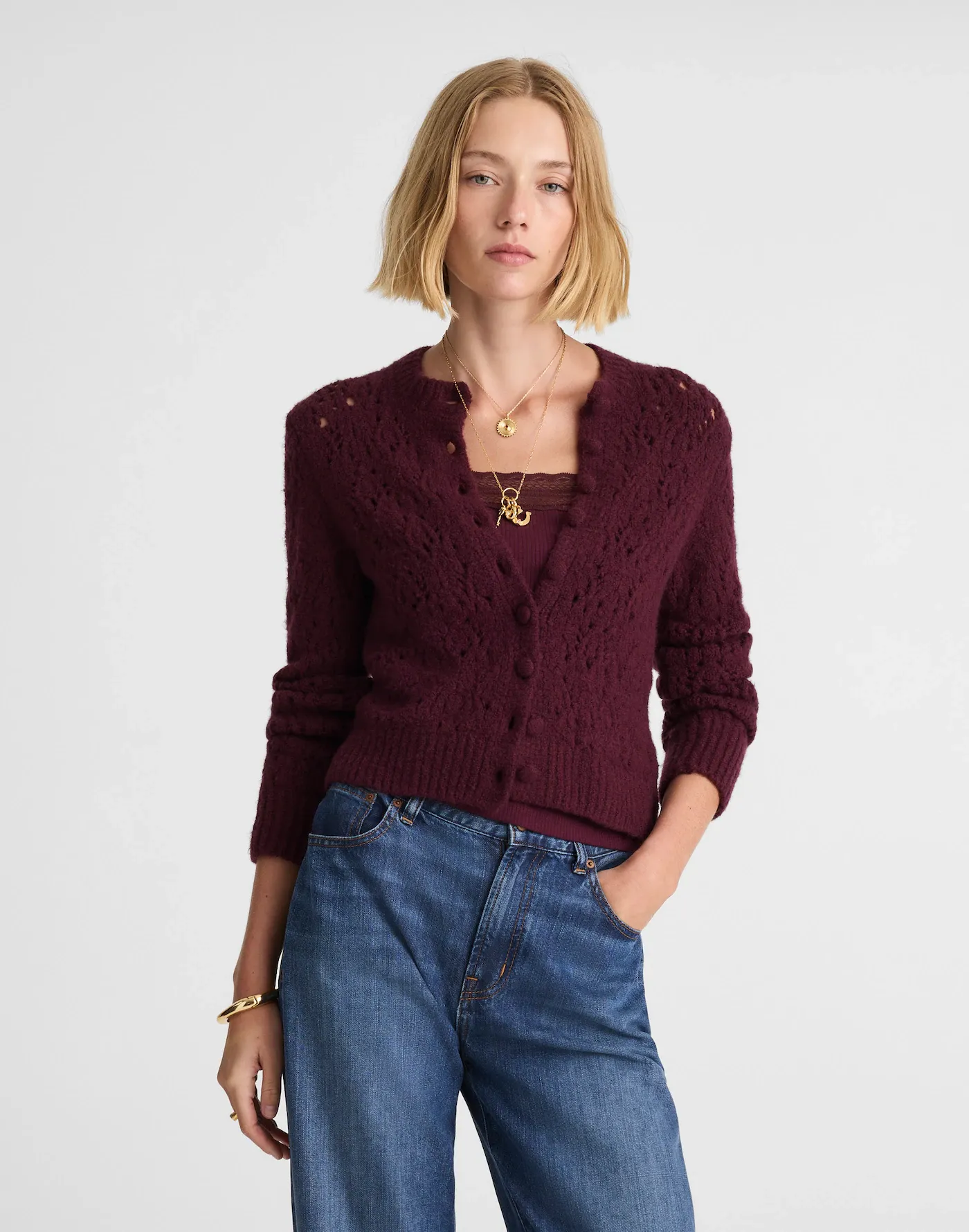 MW, Pointelle-Stitch Cardigan in Cotton Blend