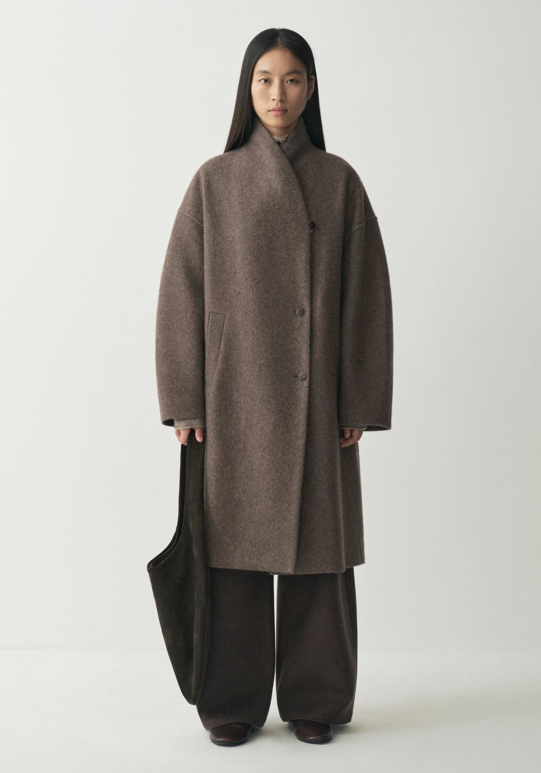 Bagel-Collar Long Coat - Light Brown / 4