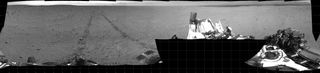 This photo mosaic shows the view behind NASA's Mars rover Curiosity on Sept. 4, 2012.