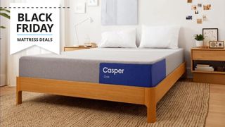 A Casper mattress on a wooden bedframe