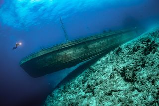 A scuba diver is dwarfed by a shipwreck in The Bahamas