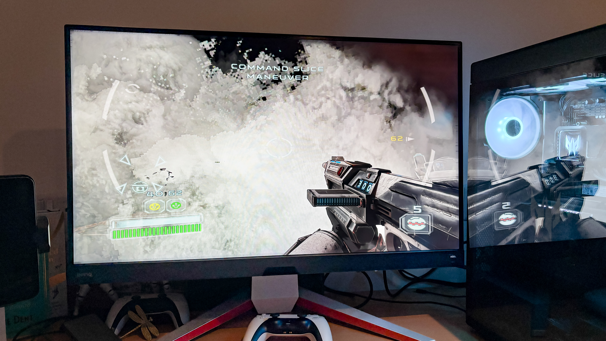 Star Wars: Republic Commando RTX Remix gameplay shown on display with gaming PC and keyboard and PS5 controller on desk