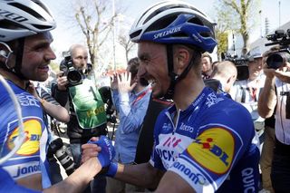Julian Alaphilippe (Quick-Step Floors) celebrates his victory at 2018 Fleche Wallonne
