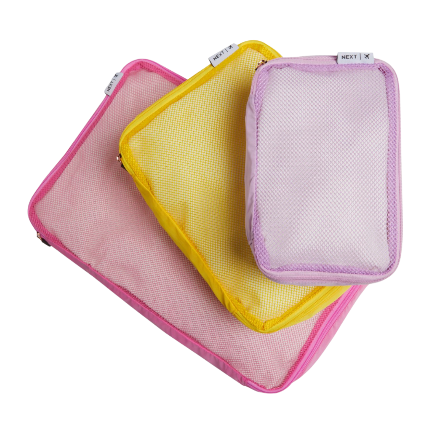 Pink, purple, and yellow packing cubes