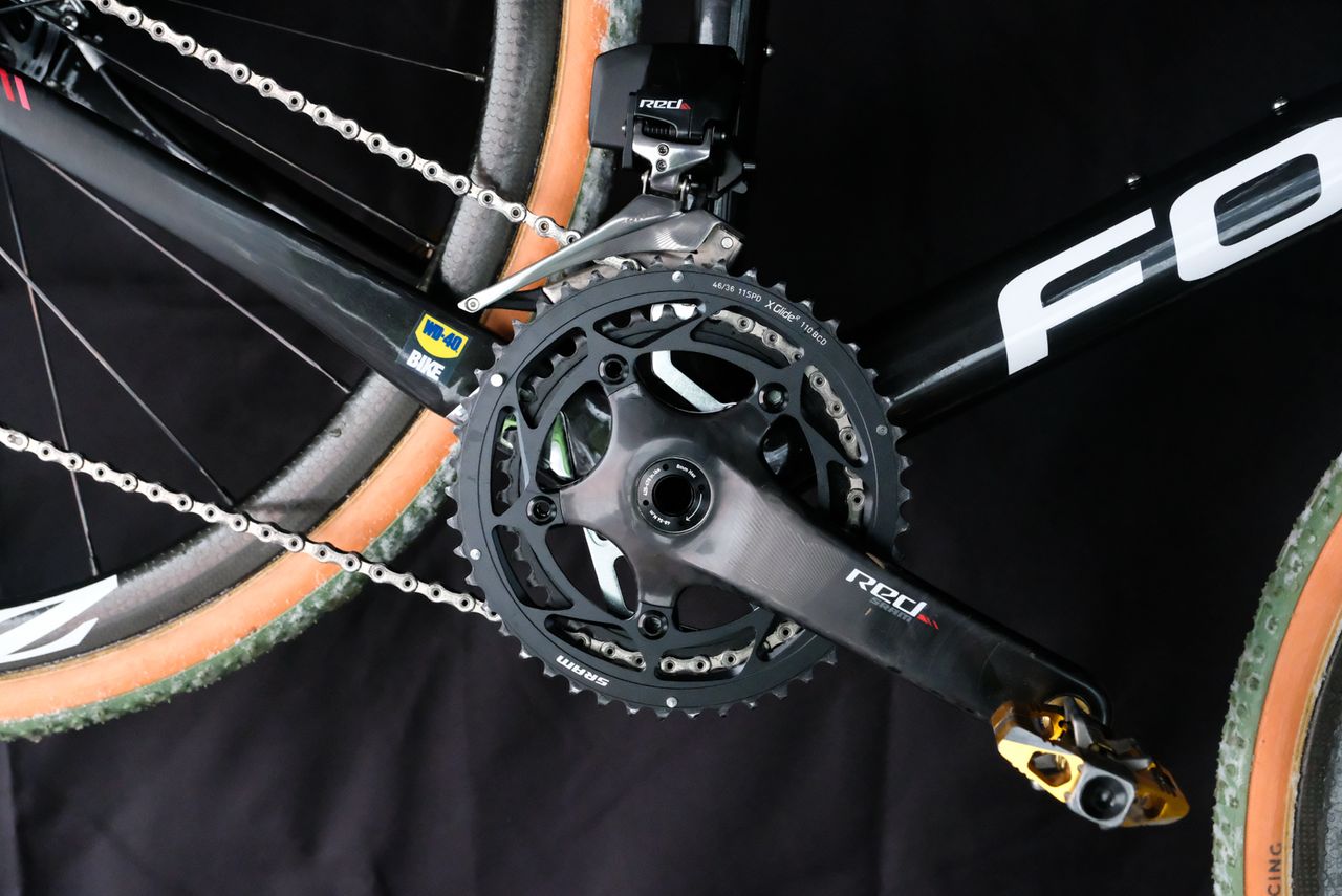 Powers opted for a SRAM Red crankset with double front chainrings in 46/36